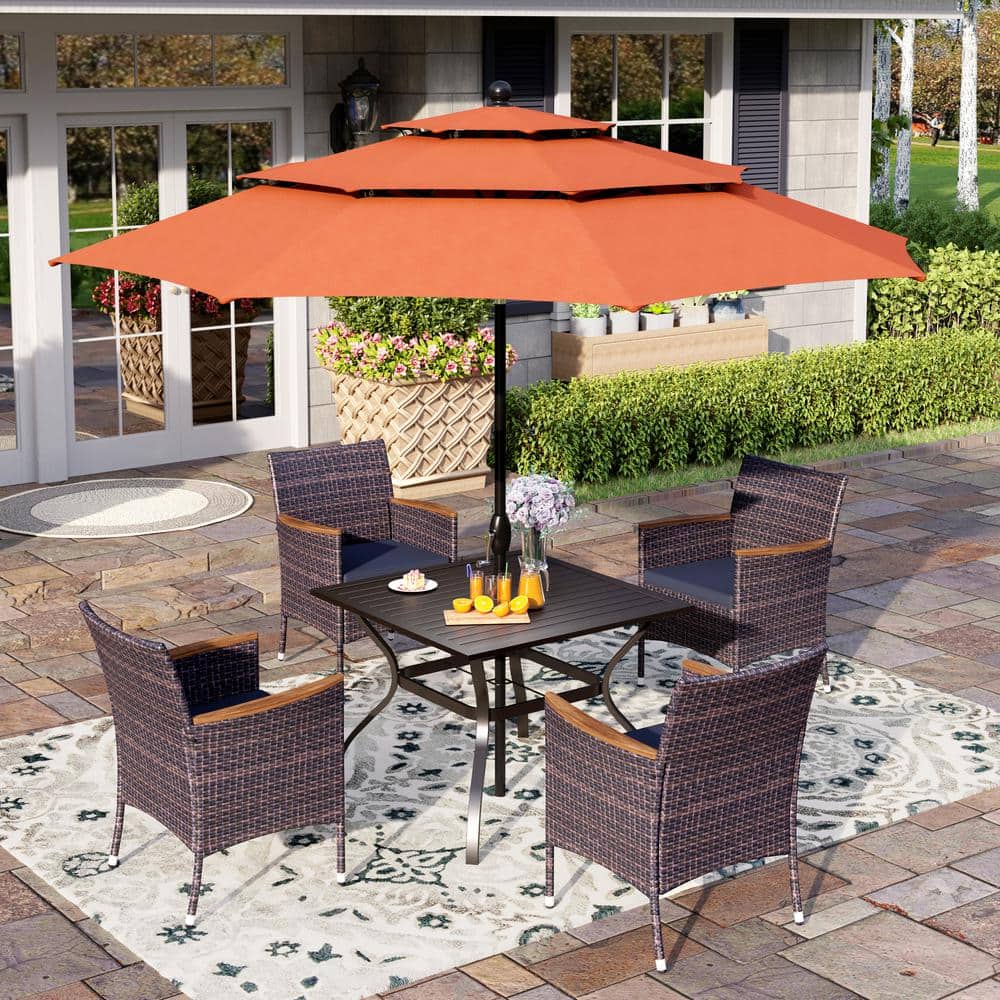 Black 6-Piece Metal Patio Outdoor Dining Set with Slat Square Table, Red Umbrella and Rattan Chairs with Blue Cushion price history on PriceWatchPro