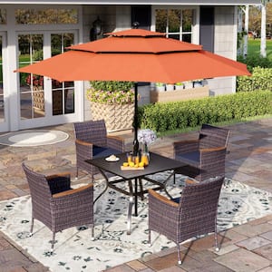 Black 6-Piece Metal Patio Outdoor Dining Set with Slat Square Table, Red Umbrella and Rattan Chairs with Blue Cushion