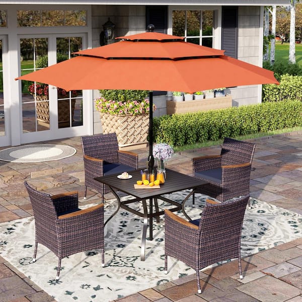 PHI VILLA Black 6-Piece Metal Patio Outdoor Dining Set with Slat Square Table, Red Umbrella and Rattan Chairs with Blue Cushion