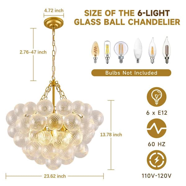 ARISKEEN 24 in. 6-Lights Gold Nordic Glass Bubble Ball Chandelier