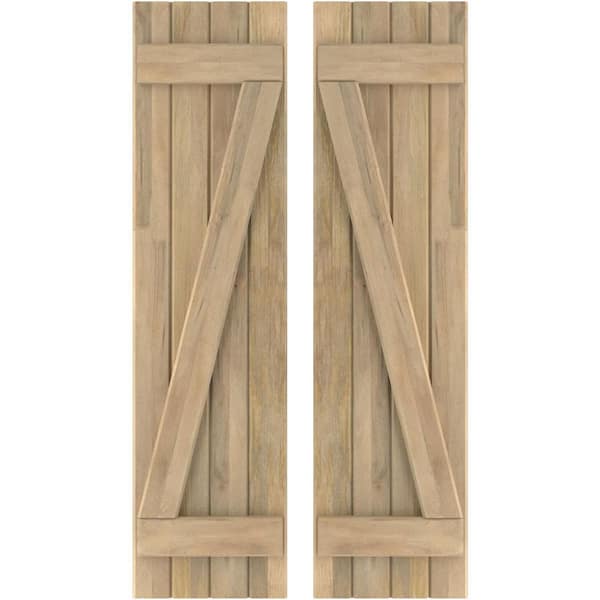 Ekena Millwork 14 in. W x 81 in. H Americraft 4-Board Exterior Real Wood Joined Board and Batten Shutters with Z-Bar in Unfinished