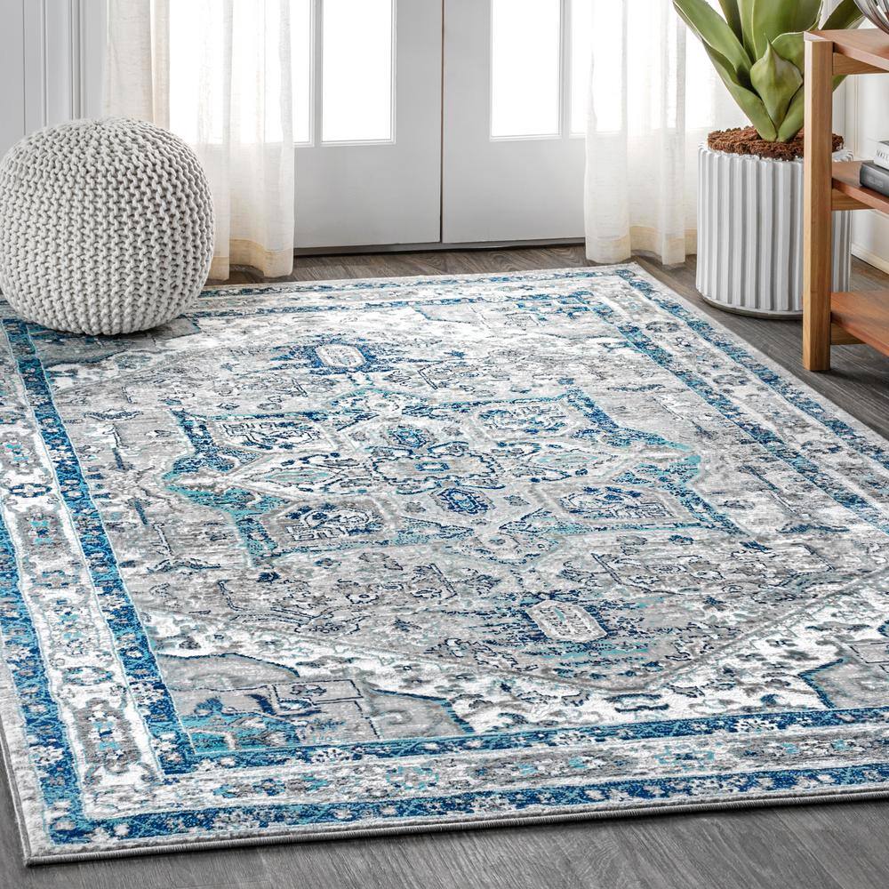 Gray and Blue Vintage Medallion Area Rug