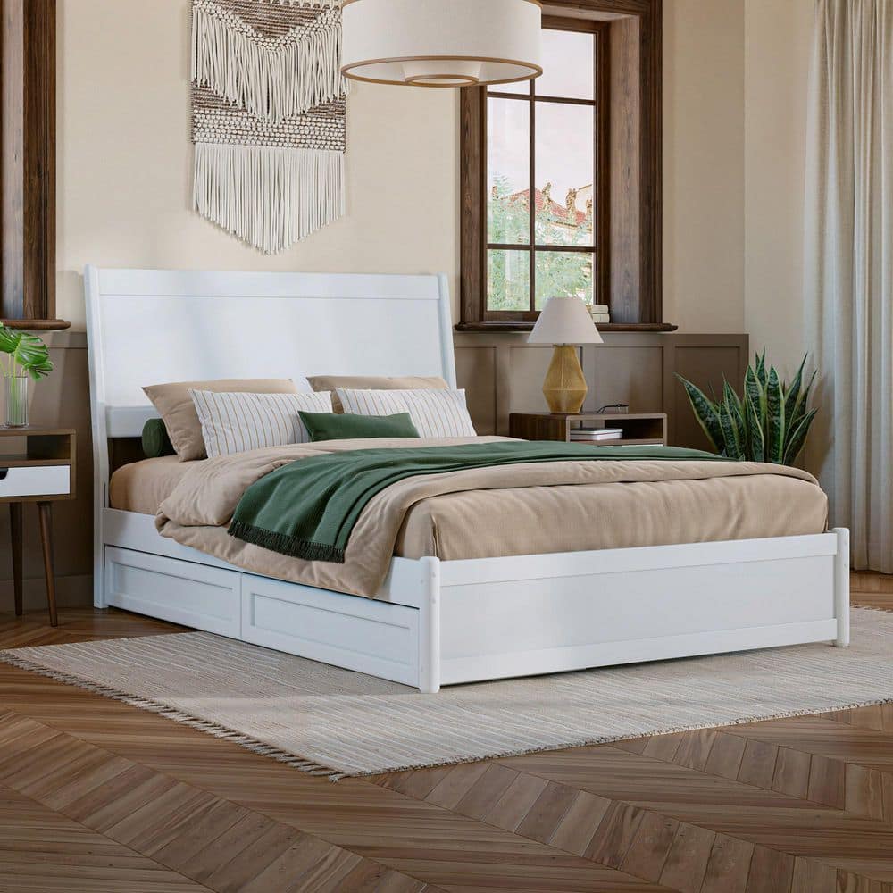 Casanova White Full Wood Platform Bed with Storage Drawers