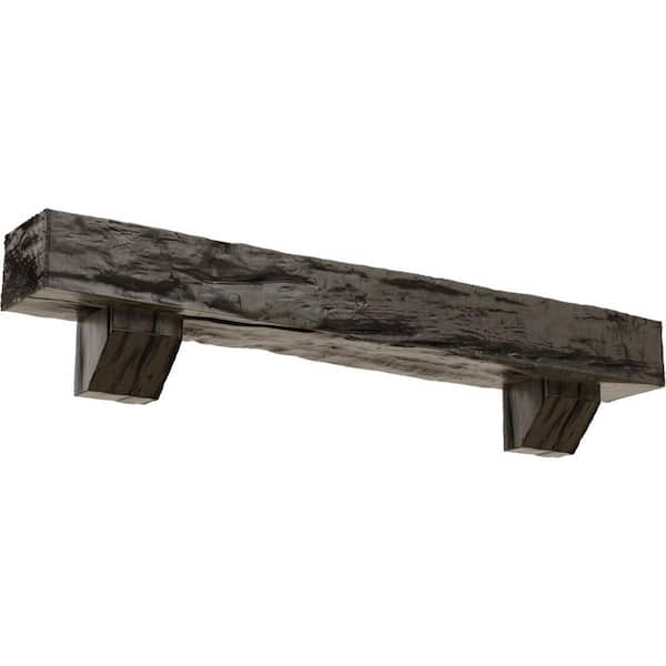 Ekena Millwork 4 in. x 4 in. x 4 ft. Riverwood Faux Wood Fireplace Mantel Kit, Ashford Corbels, Burnished Honey Dew