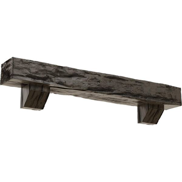 Ekena Millwork 4 in. x 8 in. x 5 ft. Riverwood Faux Wood Fireplace Mantel Kit, Ashford Corbels, Burnished Honey Dew
