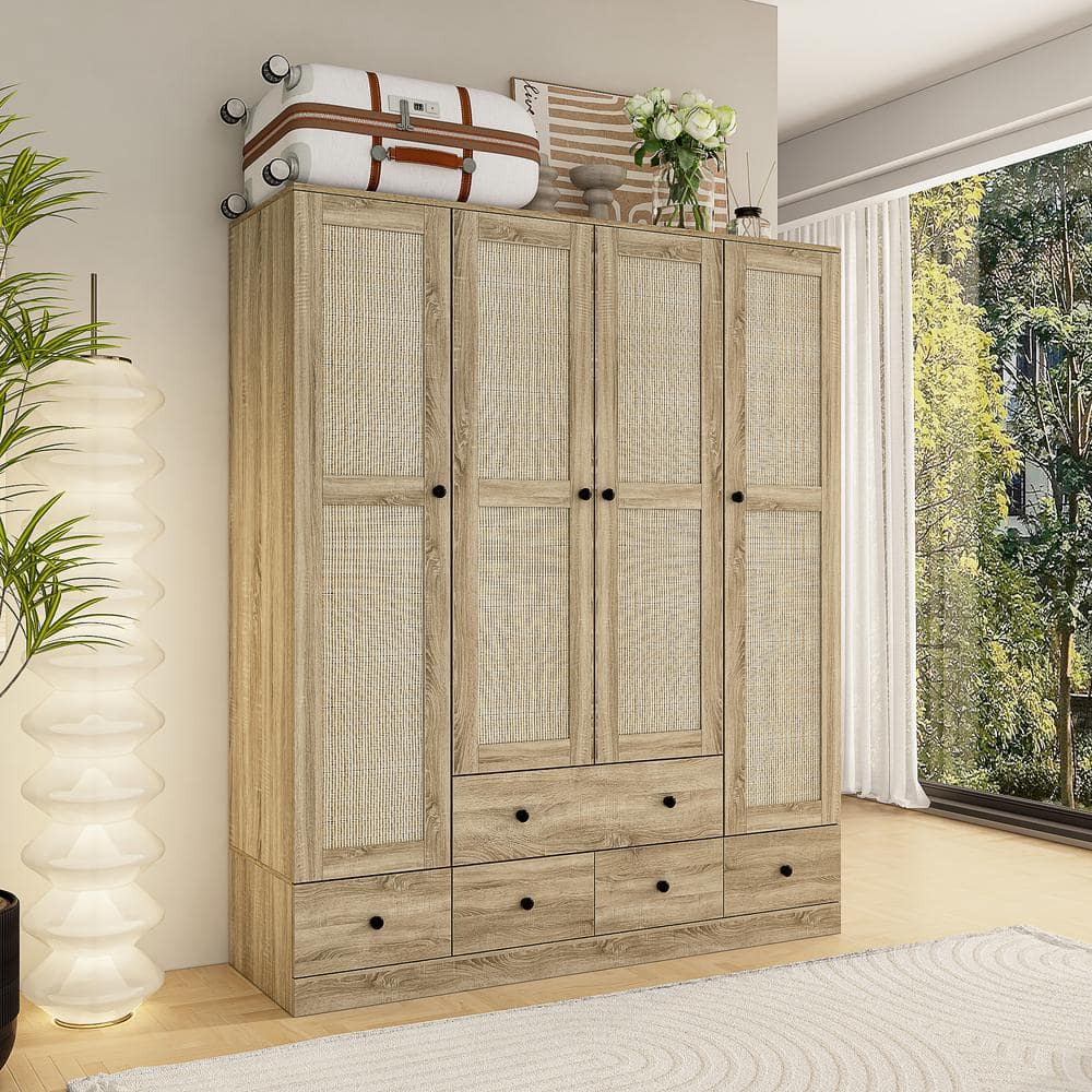 Brown Wood Grain 59 in. W Rattan Doors Design Armoires Wardrobe with 5-Drawers, 2-Hanging Rods (70.8 in. H x 18.8 in. D) - thumbnail 10