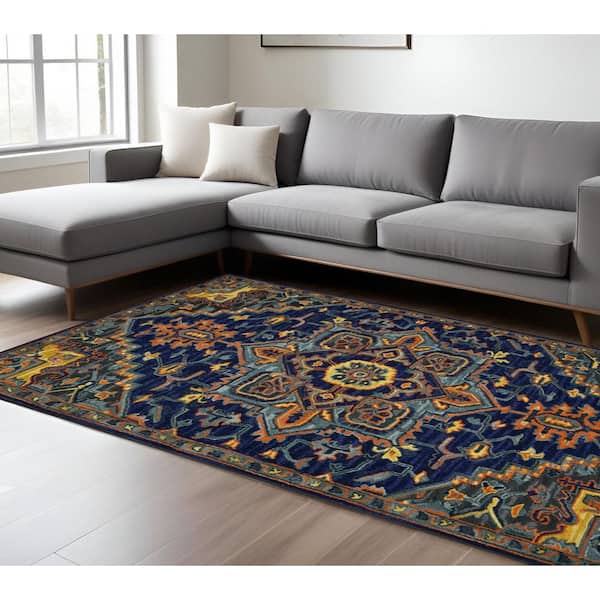 8 ft. x 11 ft. Blue Teal And Brick Red Wool Medallion Hand Tufted Area Rug