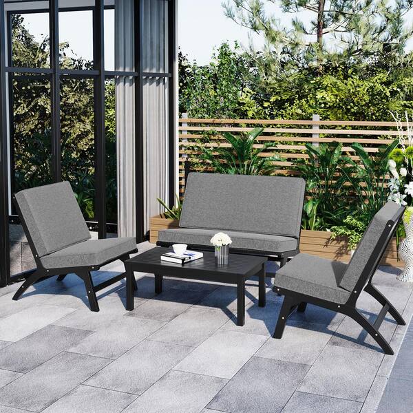 HOTEBIKE 4-Piece V-shaped Acacia Solid Wood Outdoor Patio Conversation Set with Gray Cushions