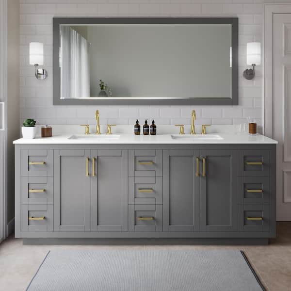 Wyndham Collection Miranda 84 in. W x 22 in. D x 33.75 in. H Double Bath Vanity in Dark Gray with White quartz Top and 70 in. Mirror