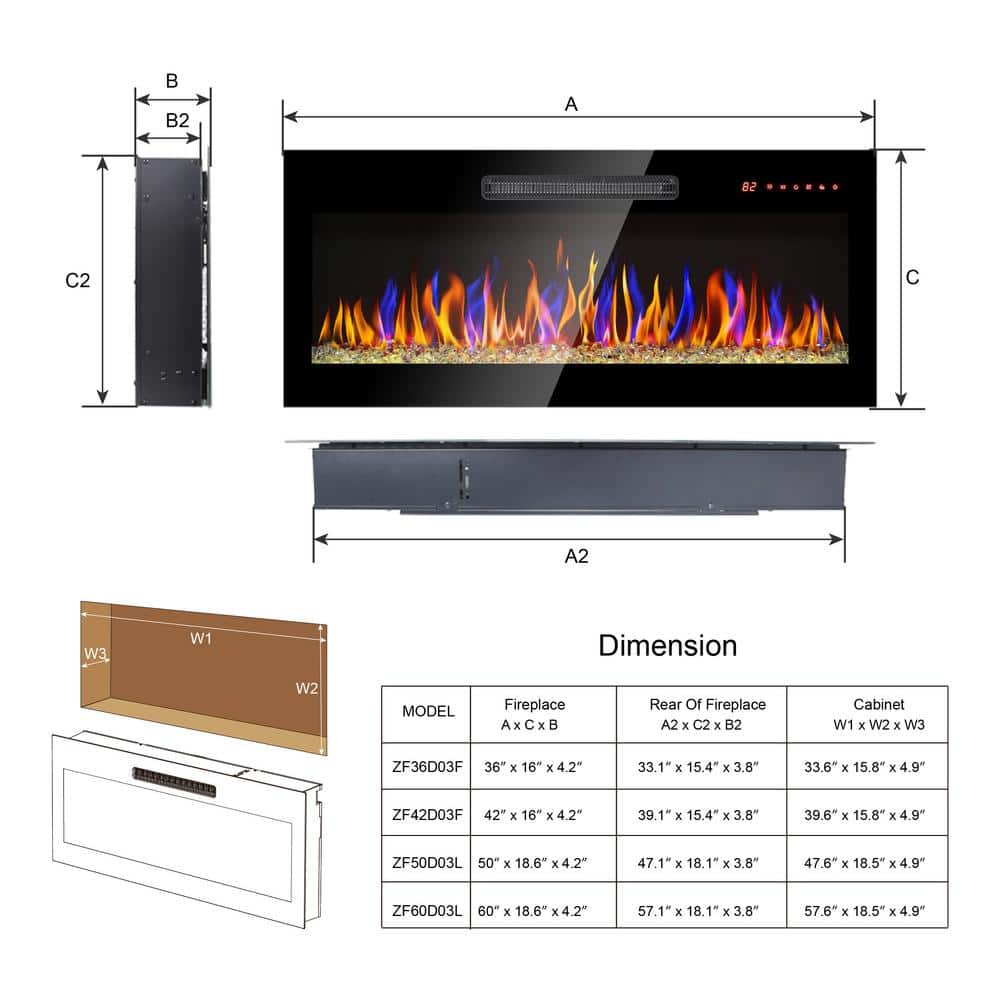 42" Black Wall-Mounted Electric Fireplace with Remote