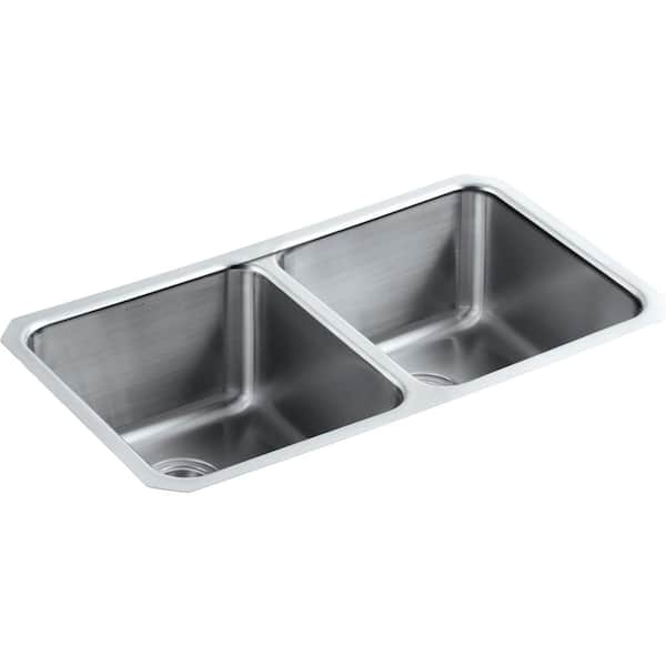 KOHLER Undertone Preserve Undermount Stainless Steel 32 in. Double Bowl Scratch-Resistant Kitchen Sink Kit with Basin Rack