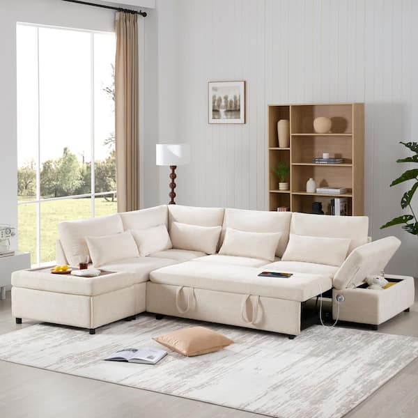 107 in. Chenille Modular Pull-out Sectional Sofa in Light Khaki and Beige with Wide Seats,Free Movement Storage Ottoman