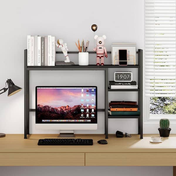 Black 38.6 in. x 30 in. Wood Desk Accessories, Black Metal Frame Wide Computer Desk Bookcase w/ 3-Tier Shelf and Hutch