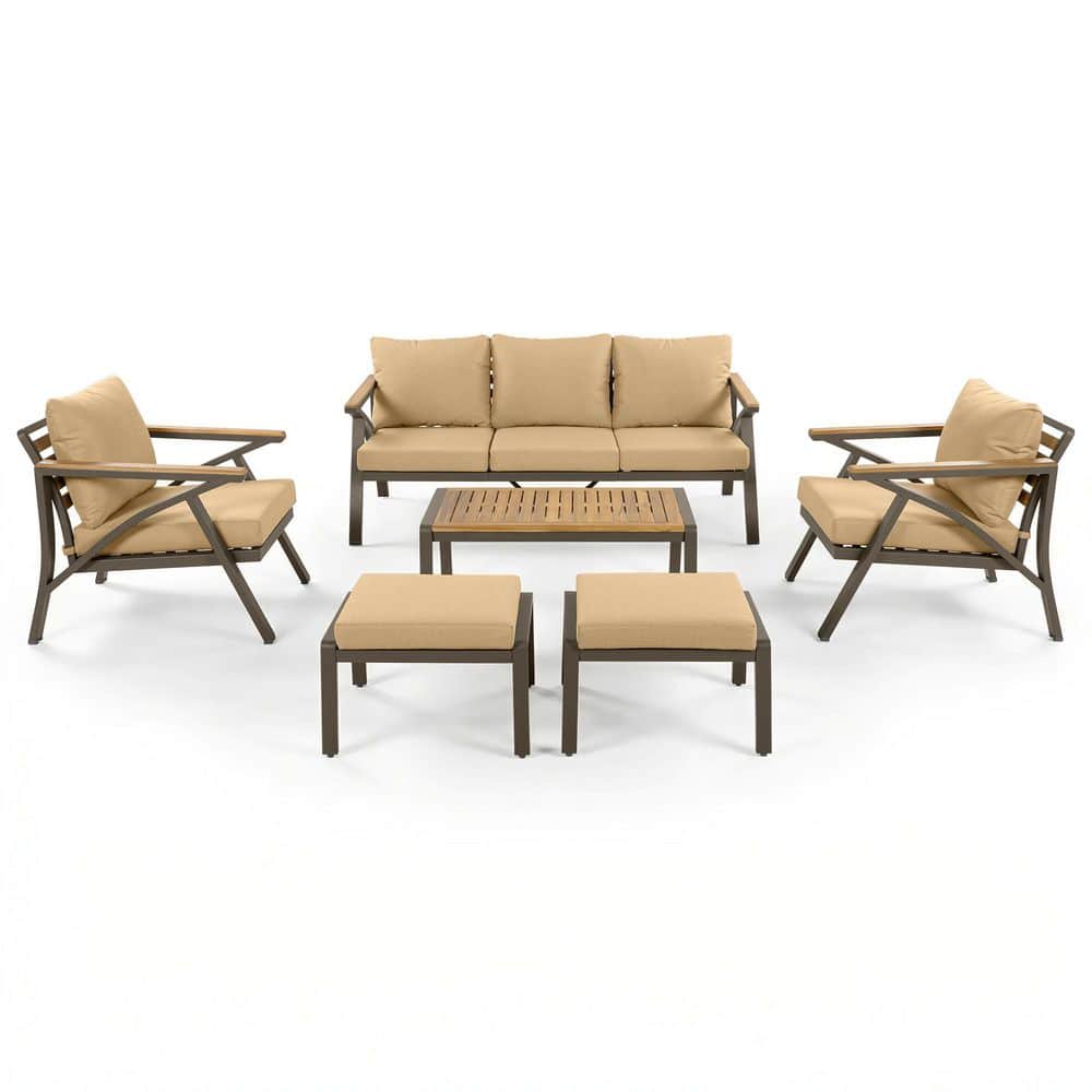 6-Piece Patio Furniture Wood Outdoor Sectional Set with Brown Cushions Steel Frame Coffee Table for Backyard, Garden price history on PriceWatchPro