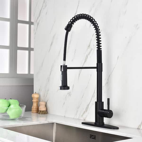 Single-Handle Deck Mount Gooseneck Pull Down Sprayer Kitchen Faucet in Matte Black