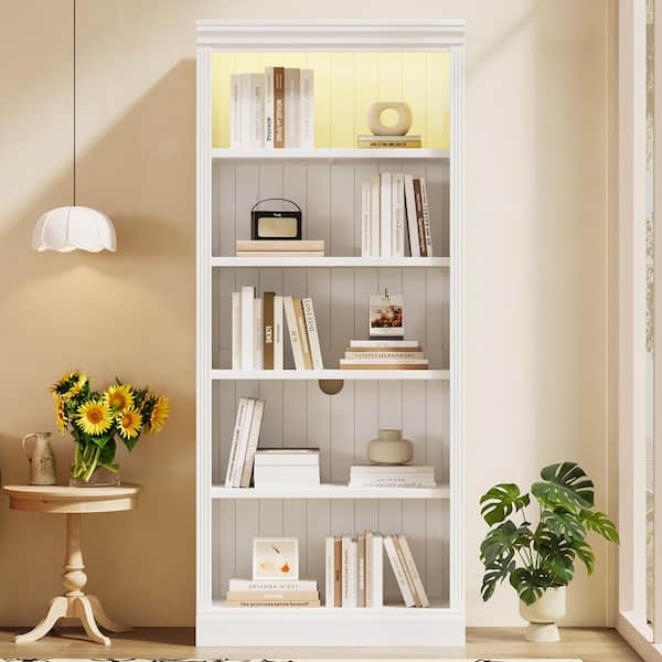 White 83.4 in. Tall Wood Home Office 5-Shelf Standard Bookcase with Adjustable Shelves
