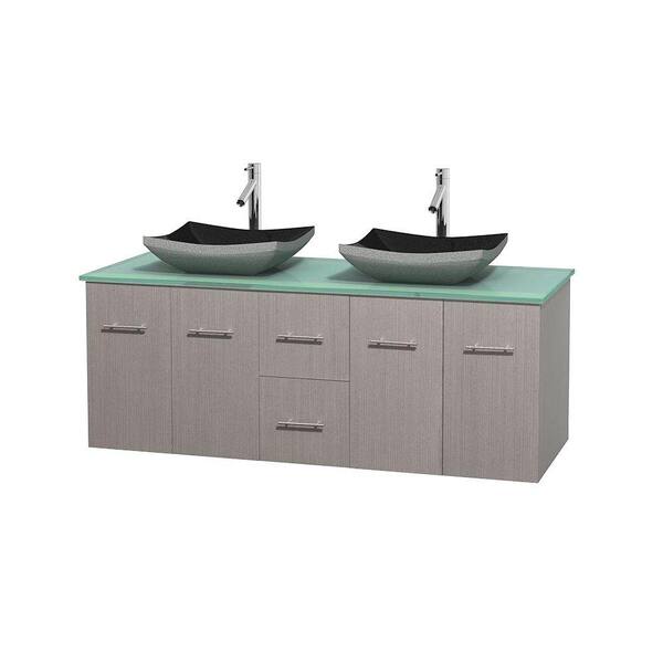 Wyndham Collection Centra 60 in. Double Vanity in Gray Oak with Glass Vanity Top in Green and Black Granite Sinks