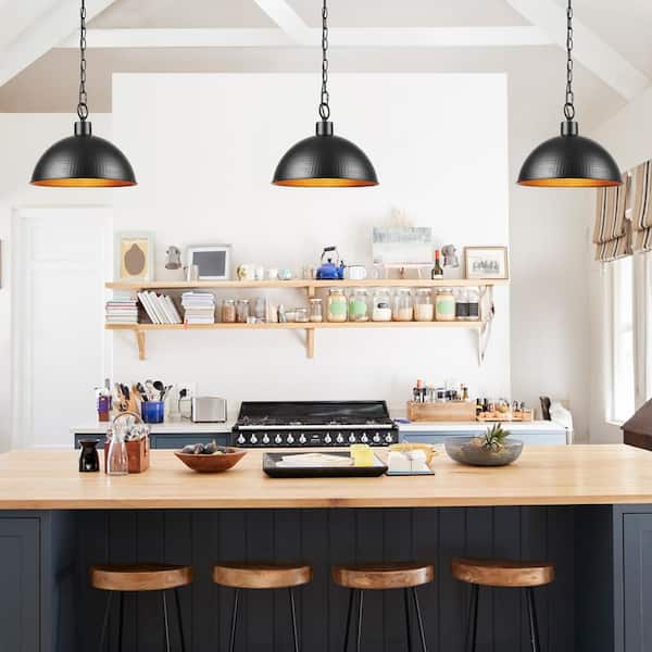 1-Light Weathered Black Shaded Pendant Light with Hammered Metal Gold Interior Shade