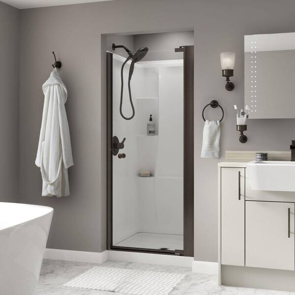 Delta Silverton 33 in. x 64-3/4 in. Semi-Frameless Contemporary Pivot Shower Door in Bronze with Clear Glass