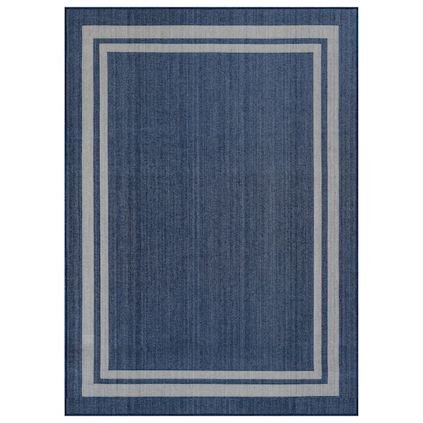 Border Navy/Ivory Easy-Care Jute-Style Indoor/Outdoor Flat Woven Area Rug 6 ft. 6 in. x 9 ft. Navy