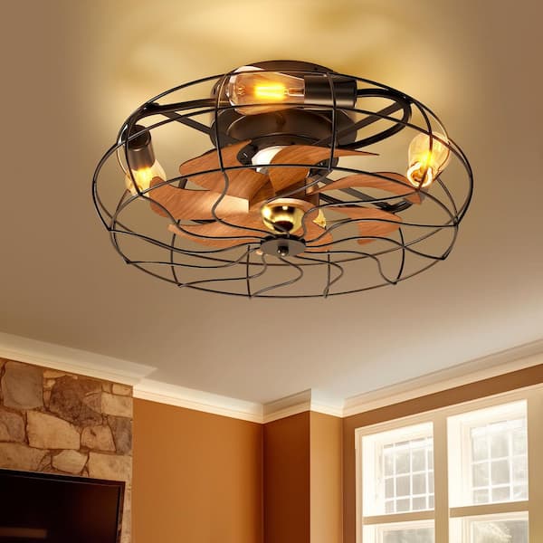 19.6 in. Indoor Enclosed Flush Mount Cage Ceiling Fan with Light Industrial Farmhouse Low Profile Ceiling Fan Remote