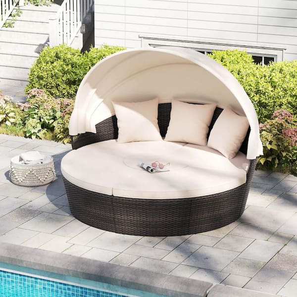 4-Piece PE Wicker Outdoor Round Daybed Cushioned Sectional Seating with White Cushions Retractable Canopy