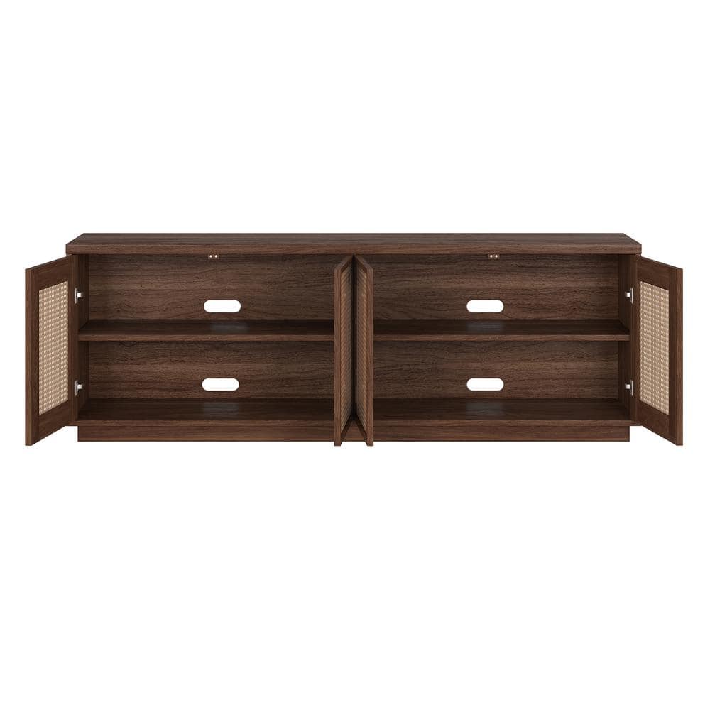 Satin Walnut Rectangular TV Stand with Faux Rattan Cabinets