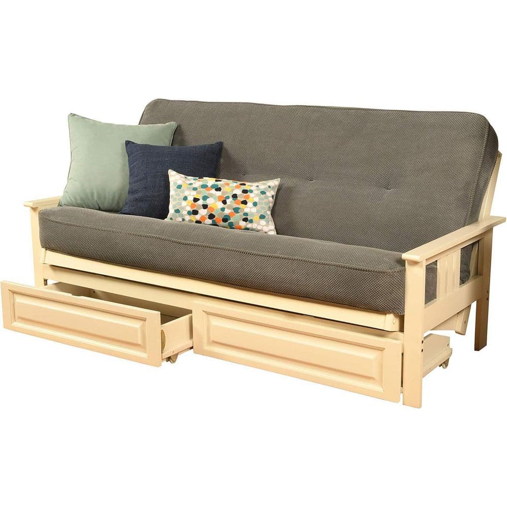 79 in. Antique White/Marmont Thunder Polyester Upholstered Full Size Futon Set with Mattress and Storage Drawers