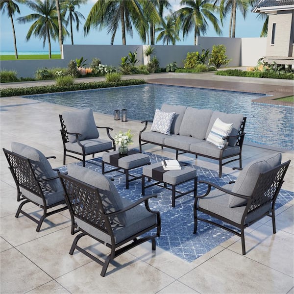 PHI VILLA Black Meshed 9-Seat 7-Piece Metal Outdoor Patio Conversation Set with Gray Cushions, 2 Motion Chairs and 2 Ottomans