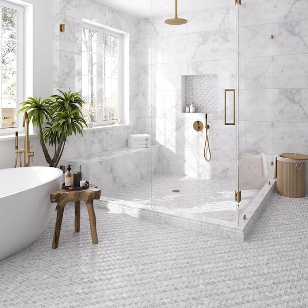 Grandis White Grandis 4 in. x 12 in. Polished Bianco Carrara Marble Baseboard Tile Trim (3.33 sq. ft./case) 10-Pack