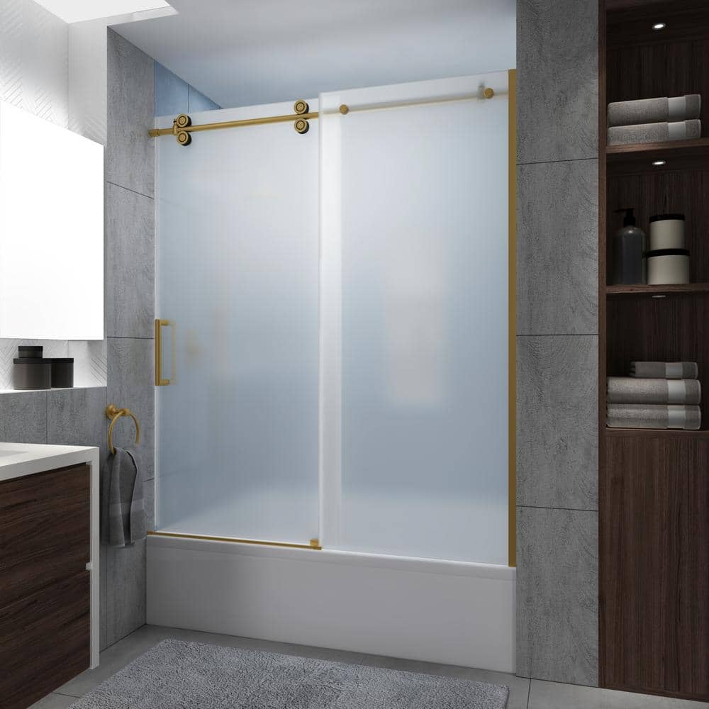 Langham XL 70" High x 60" Wide Brushed Gold Frameless Sliding Tub Door