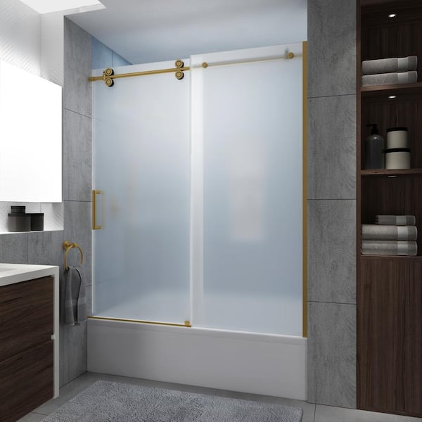 Aston Langham XL 56 - 60 in. W x 70 in. H Frameless Sliding Tub Door in Brushed Gold with Ultra-Bright Frosted Glass