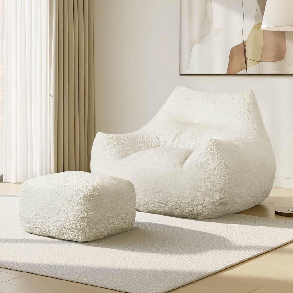Elliot 44.88 in. Armless 2-piece Fabric Sectional Sofa in Cream with Ottoman Boneless Bean Bag Chair Comfort