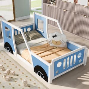 Blue Wood Frame Twin Size Classic Car-Shaped Platform Bed with Wheels