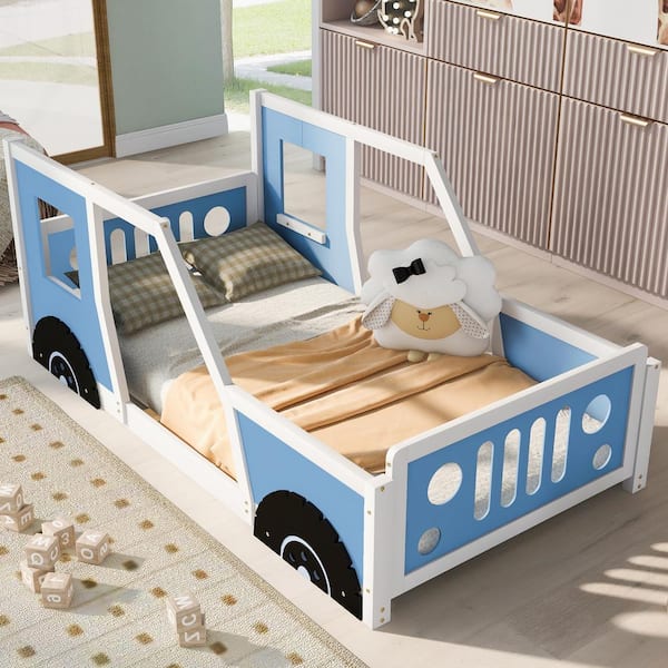 Polibi Blue Wood Frame Twin Size Classic Car-Shaped Platform Bed with Wheels