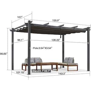 9.5 ft. x 13 ft. Gray Outdoor Retractable Against The Wall with Shade Canopy Modern Yard Metal Grape Trellis Pergola