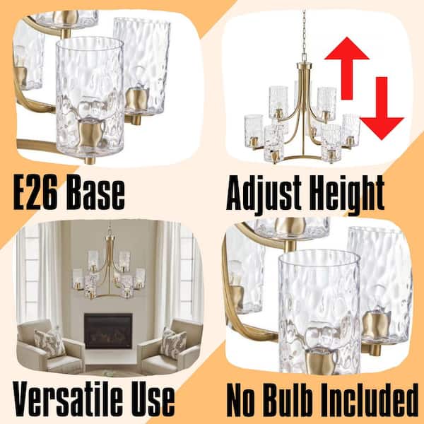 Transitional 9-Light Antique Brass Textured Glass Cylindrical Pendant Chandelier for Dining Room (No Bulbs Included)