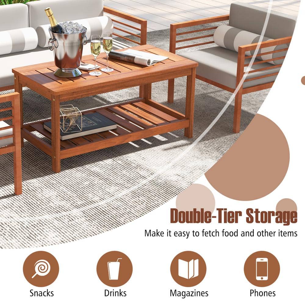 Natural Hardwood 2-Tier Outdoor Coffee Table with Slatted Shelf