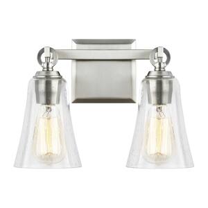 Monterro 13.5 in. W. 2-Light Satin Nickel Vanity Light with Clear Seeded Glass Shades