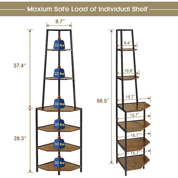 69" 6-Tier Industrial Corner Shelf, Rustic Brown Corner Bookshelf, Accent Storage for Living Room, Bedroom, Home Office