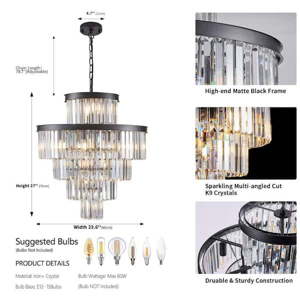 HKMGT 5-Tier 15-light Black Crystal Chandelier for Living Room and HKMGT 5-Tier 15-light Black Crystal Chandelier for Living Room and