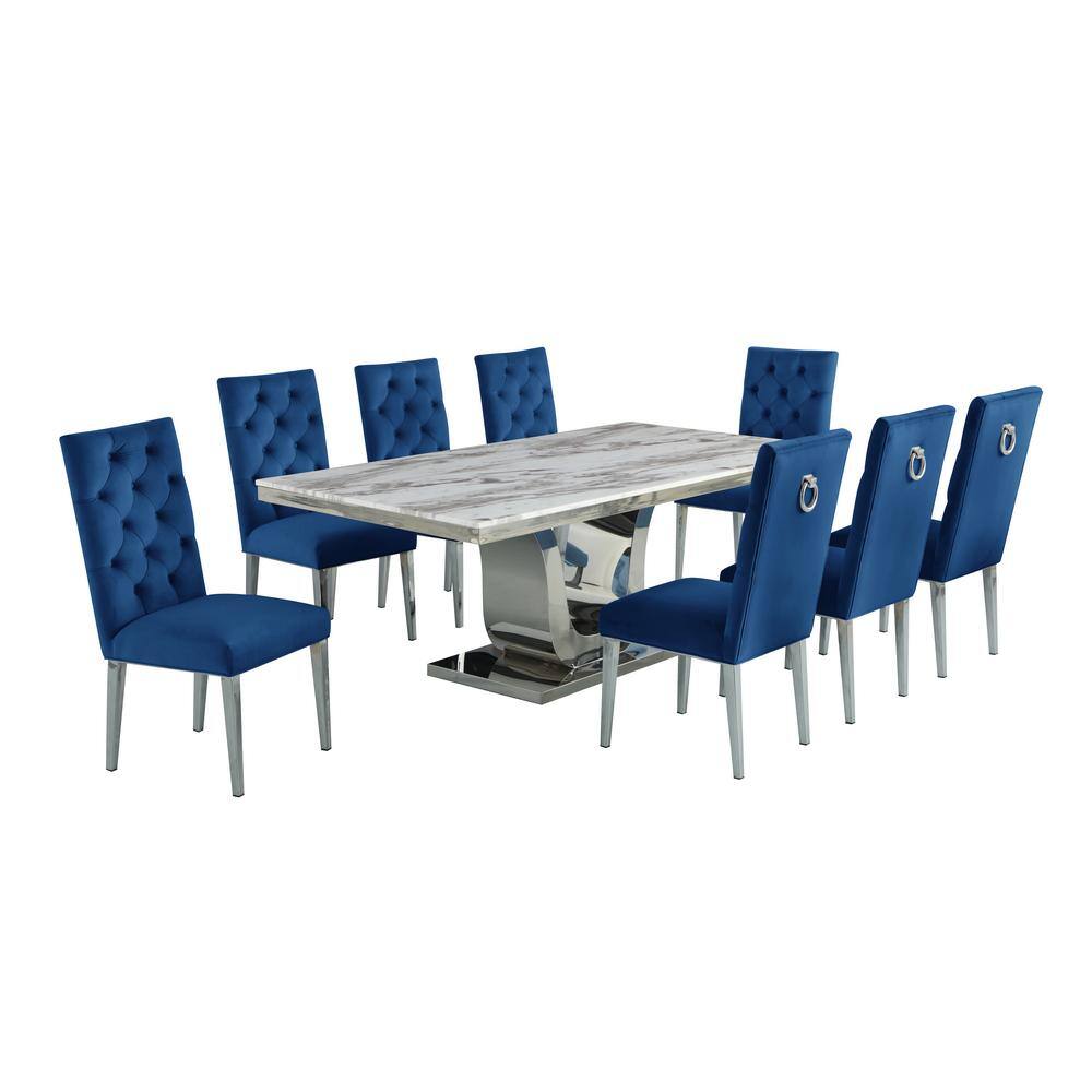 Silver Stainless Steel 9 Piece Dining Set with Marble Table and Navy Velvet Chairs
