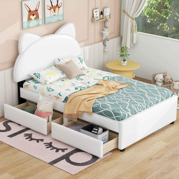 Polibi White Wood Frame Twin Platform Bed with Cartoon Ears Shaped Headboard and 2 Drawers