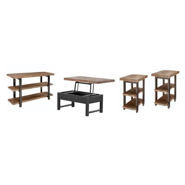 24 in. L Rustic Pine 18 in. H Rectangular Wood Lift Top Coffee Table, TV Console Table, 2-End Tables w/ Shelves 4-Pc