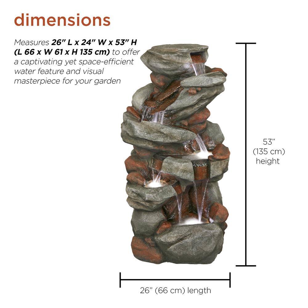 Gray Cascading Stone Outdoor Fountain with LED Lights, 53"