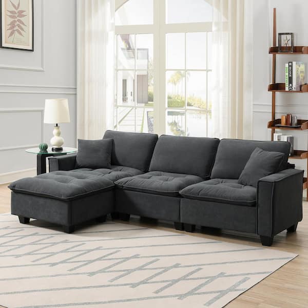 J&E Home 100 in. W Square Arm Suede L-shaped Convertible Sofa with Pillows and Ottoman in. Gray