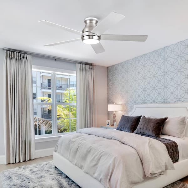 52 in. Sliver Downrod Mount Ceiling Fan with 5 Plywood Blades, LED Light and Remote, Dimmable for Bedroom, Living Room