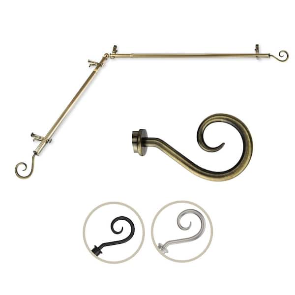 Rod Desyne 13/16" Dia Adjustable 66" to 120" Single Corner Window Curtain Rod in Antique Brass with Curl Finials