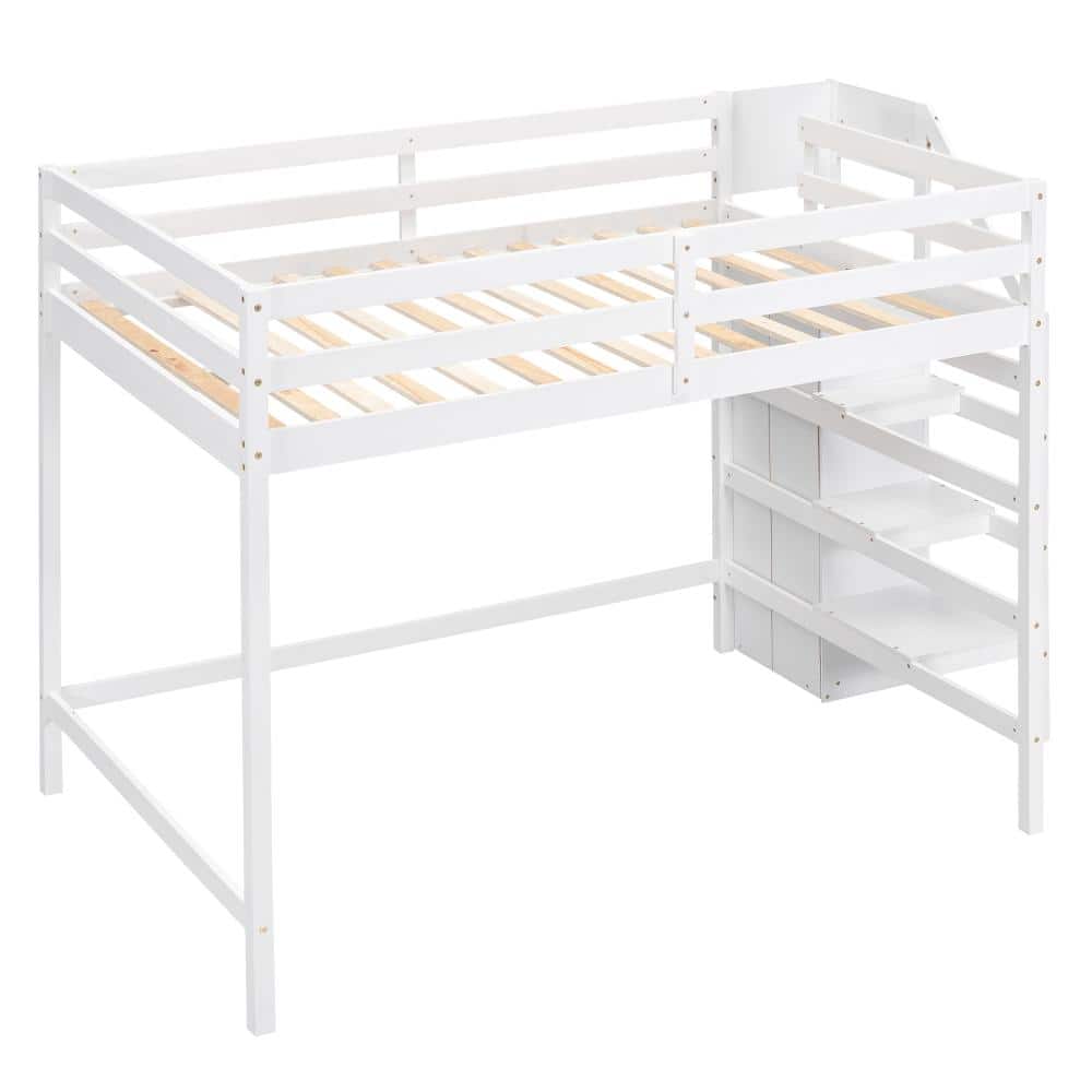 White Full Wood Loft Bed with Built-in Storage Wardrobe and Staircase price history on PriceWatchPro
