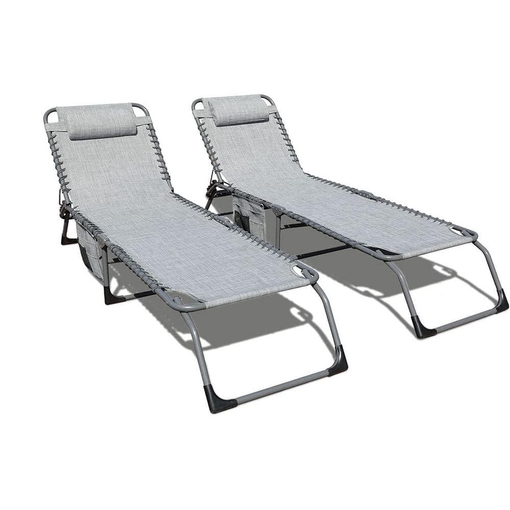 2-Piece Metal Folding Outdoor Chaise Lounge with Pillow and Pocket, Grey